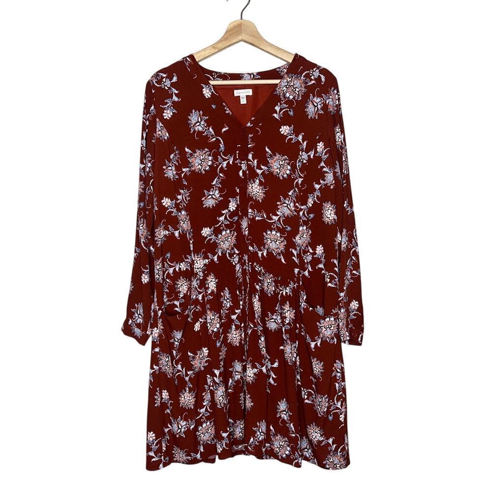 Garnet Hill Long Sleeve Knee Length Floral Dress Patch Pockets Burnt Orange 6